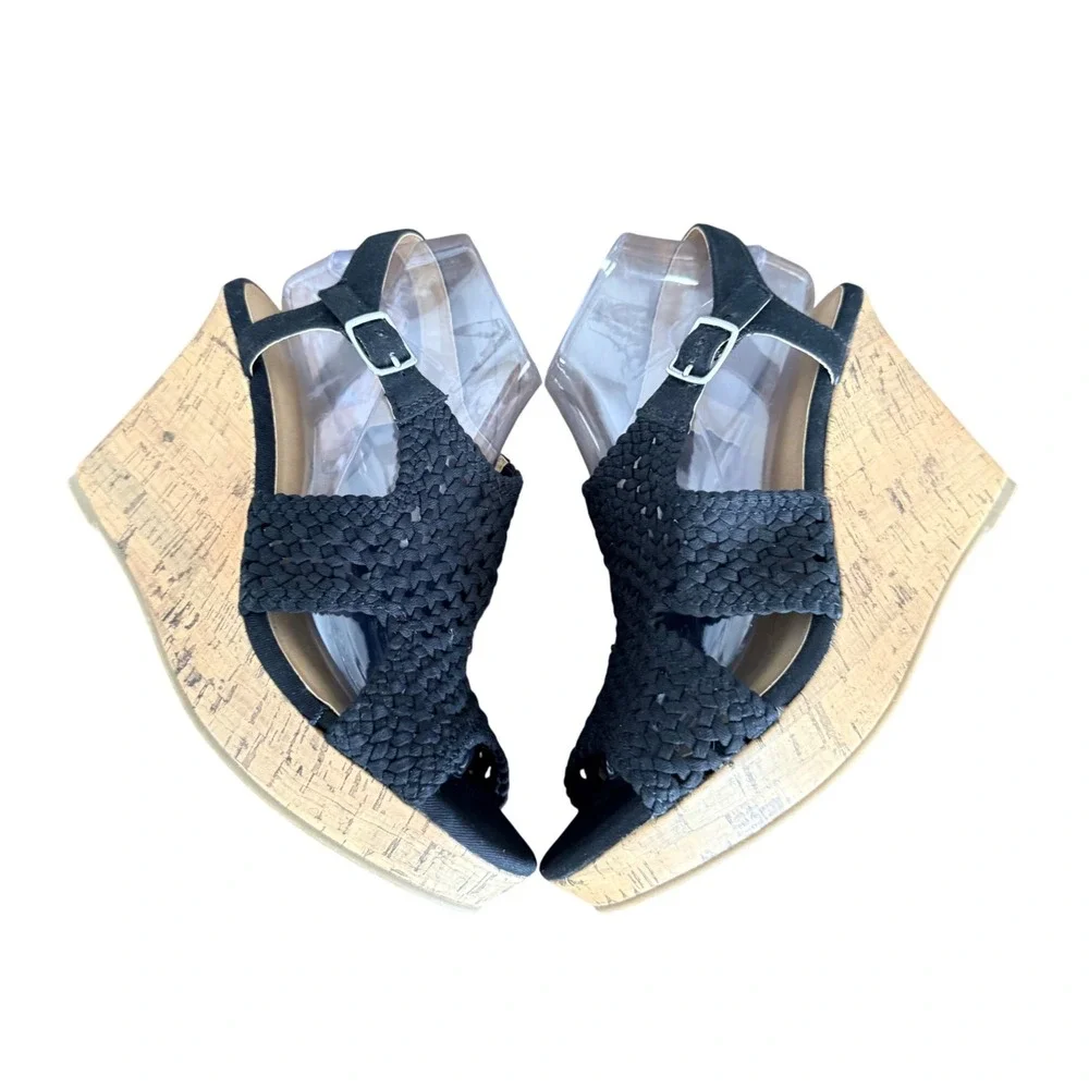 SO Taffy Black Woven Braided Cork Wedge‎ Sandals Women's Size 10 M 214784